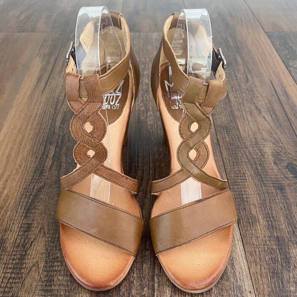 Miz Mooz Strappy Leather Sandal Block Heel Pixie Size 9-9.5 EU 40 Brandy Brown